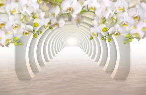 Фреска Белый 3D тоннель с орхидеями