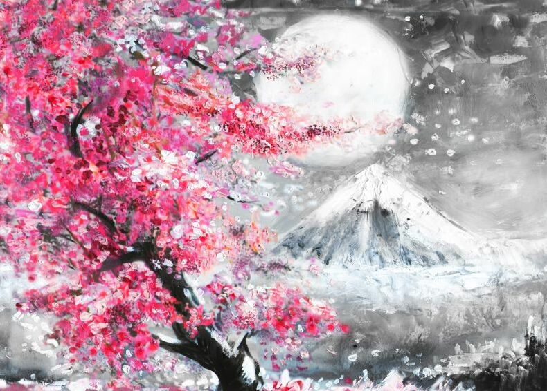Картина на холсте цветущая сакура в Японии, арт hd0810101