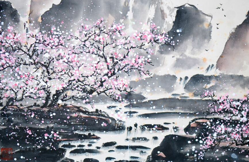 Картина на холсте Сакура и водопады, арт hd0485501